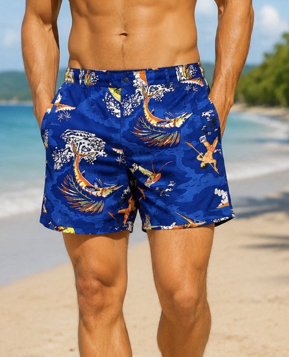 RLX Ralph Lauren Mens L Shorts Blue Golf Hawaiian Beach Mesh Lined Multi Sport